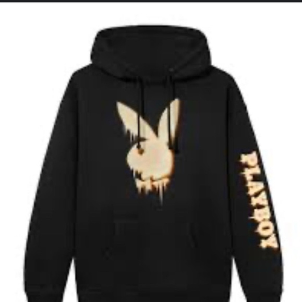 Playboy Hoodie, Large, Black Hoodie with White and Orange Melting Rabbit
